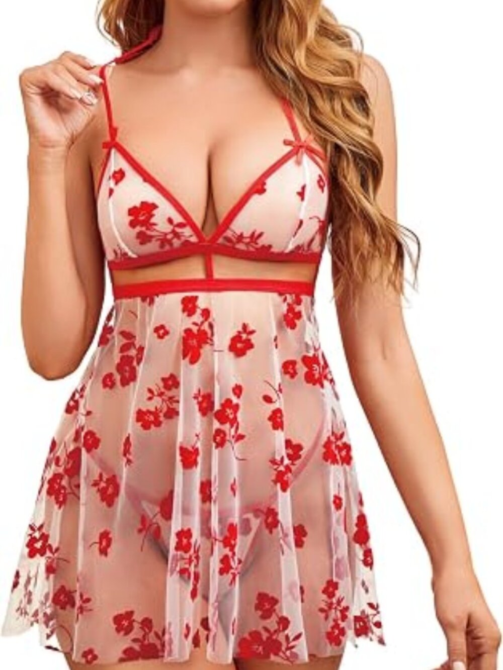 Women Sexy Lingerie 2 Piece Halter Sheer doll Nightwear Color Red Flowers